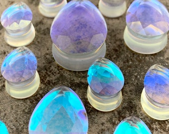 Aurora Borealis Iridescent Faceted Teardrop Glass Plugs (PG-554) gauges - 0g, 00g, 7/16",  1/2", 9/16", 5/8", 3/4", 7/8", 1 inch