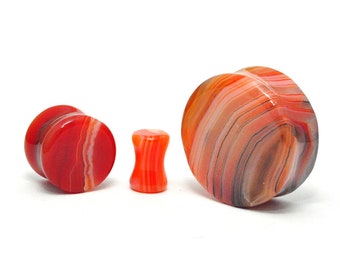 Red Line Agate Stone Double Flare Plugs (STN-696) - 2g, 0g, 00g, 1/2", 9/16",  5/8", 3/4", 7/8", 1 inch