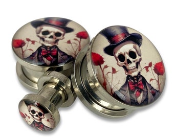 Victorian Skeleton Style 10 Picture Plugs gauges-12g, 10g, 8g, 6g, 4g, 2g, 0g, 00g, 1/2, 9/16, 5/8, 3/4, 7/8, 1 inch,28mm, 32mm, 35mm, 38mm