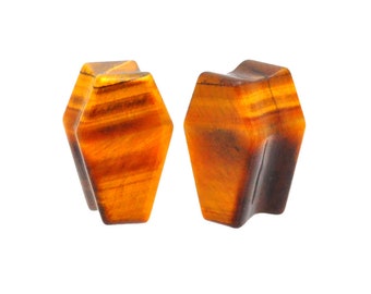 Tiger Eye Stone Coffin Shaped Double Flare Plugs (STN- 639) - 2g, 0g, 00g, 1/2", 9/16", 5/8", 3/4", 7/8", 1"