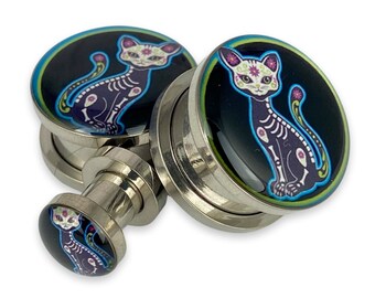 Day of the Dead Cat Style 5 Picture Plugs gauges - 12g, 10g, 8g, 6g, 4g, 2g, 0g, 00g, 1/2, 9/16, 5/8, 3/4, 7/8, 1 inch,28mm, 32mm, 35mm,38mm