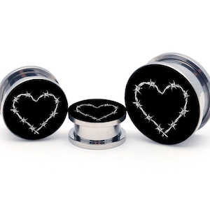 Barbed Wire Heart Picture Plugs (PIC-102) gauges - 16g, 14g, 12g, 10g, 8g, 6g, 4g, 2g, 0g, 00g, 1/2, 9/16, 5/8, 3/4, 7/8, 1 inch