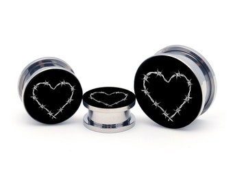 Barbed Wire Heart Picture Plugs (PIC-102) gauges - 16g, 14g, 12g, 10g, 8g, 6g, 4g, 2g, 0g, 00g, 1/2, 9/16, 5/8, 3/4, 7/8, 1 inch