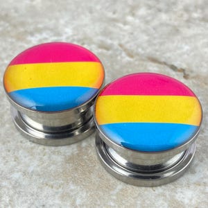 May include: A pair of stainless steel ear gauges with a pansexual pride flag design. The gauges feature a pink, yellow, and blue design.