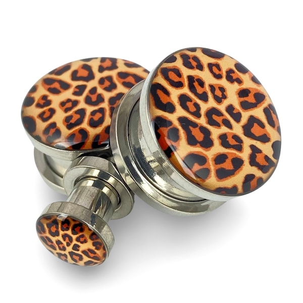 Leopard Print Picture Plugs gauges - 16g, 14g, 12g, 10g, 8g, 6g, 4g, 2g, 0g, 00g, 1/2, 9/16, 5/8, 3/4, 7/8, 1 inch