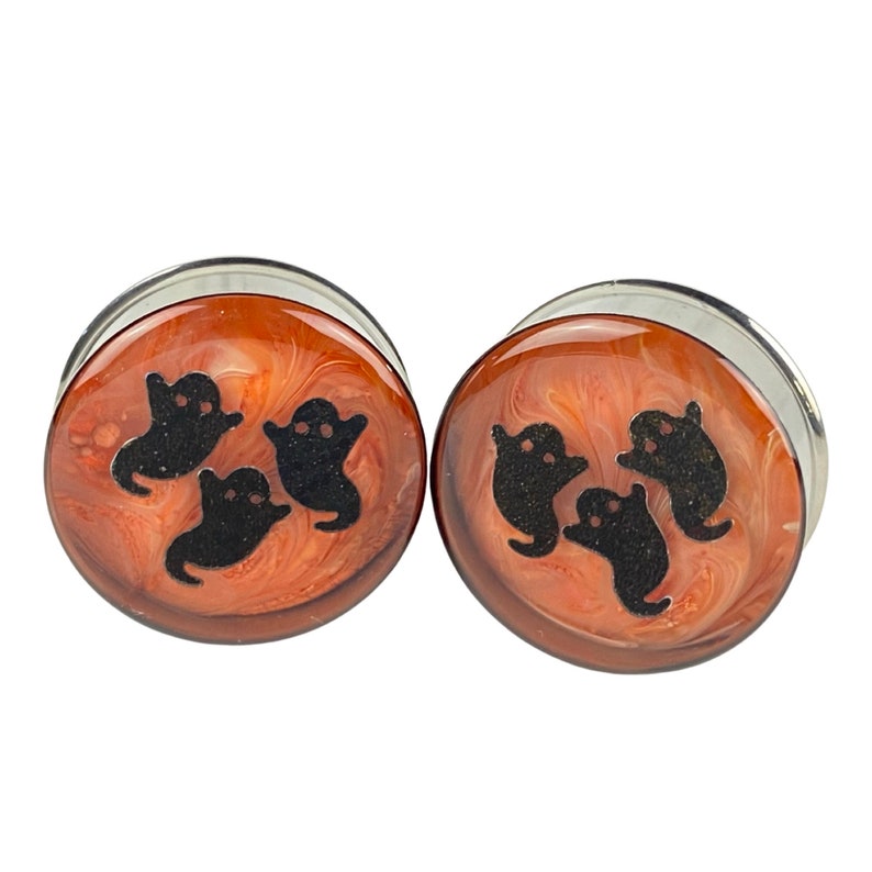 Pair of Ghosts over Orange Swirl Plugs MTO-046 3/4, 7/8, 1 inch, 28mm, 32mm, 35mm, 38mm, 42mm, 45mm, 47mm, 50mm image 2