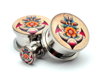 Traditional Anchor Picture Plugs gauges - 16g, 14g, 12g, 10g, 8g, 6g, 4g, 2g, 0g, 00g, 1/2, 9/16, 5/8, 3/4, 7/8, 1 inch