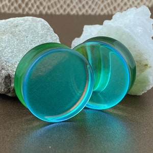 Green/Aqua Iridescent Double Sided Glass Plugs (PG-604) gauges - 2g, 0g, 00g, 1/2", 9/16", 5/8", 3/4", 7/8" 1".