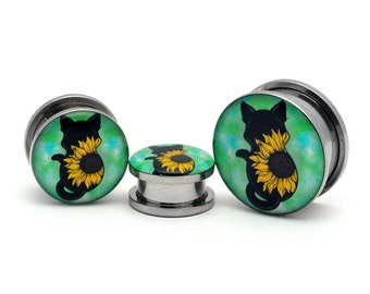 Sunflower Cat Picture Plugs gauges - 16g, 14g, 12g, 10g, 8g, 6g, 4g, 2g, 0g, 00g, 1/2, 9/16, 5/8, 3/4, 7/8, 1 inch