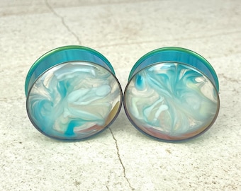 Pair of Green Steel Plugs with Embedded Blue/Green Ink Swirls in Resin (RP-220) 5/8, 3/4, 7/8, 1 inch, 28mm, 32mm, 35mm, 38mm