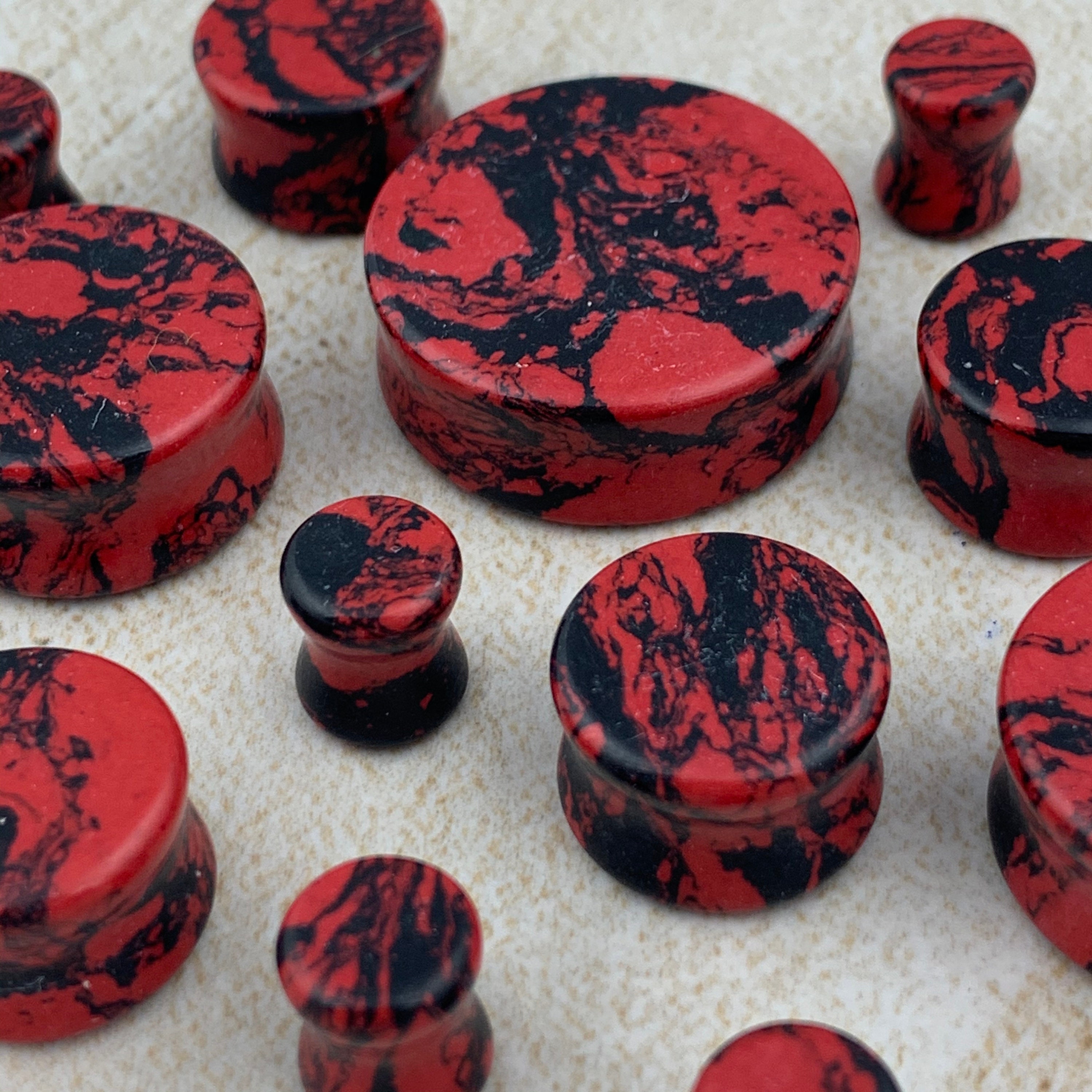 STN-656 Synthetic Red & Black Howlite Double Flare Plugs ear gauges PICK SIZE 