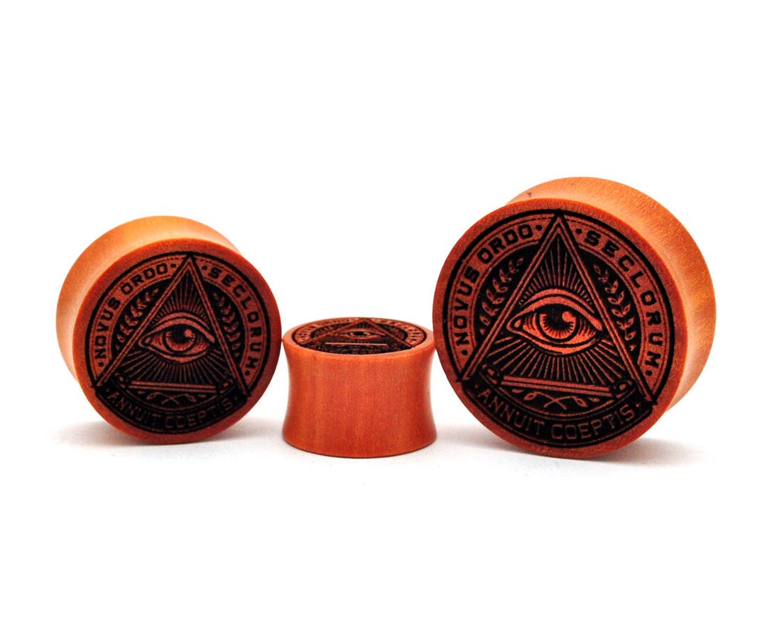 Laser Engraved All Seeing Eye Illuminati Saba Wood Plugs PW250 Sold as
