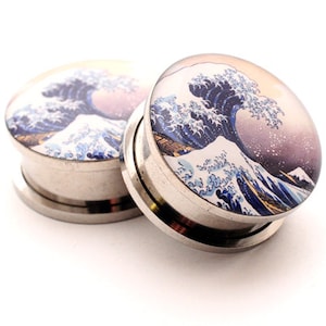 Screw On Plugs - Tidal Wave Picture Plugs gauges - 16g, 14g, 12g, 10g, 8g, 6g, 4g, 2g, 0g, 00g, 7/16, 1/2, 9/16, 5/8, 3/4, 7/8, 1 inch
