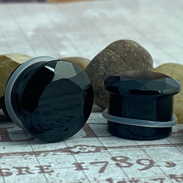 Faceted Black Obsidian Stone Single Flare Plugs With Clear O-ring (STN-736) - 6g, 4g, 2g, 0g, 00g, 1/2", 9/16", 5/8".