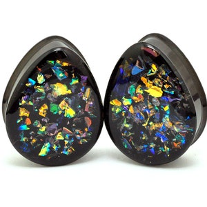 Pair of Black Steel Teardrop Plugs with Embedded Dichroic Glass (EMB-006) 00g, 1/2", 9/16", 5/8", 3/4",7/8",1",28mm,30mm,32mm,35mm,38mm,42mm