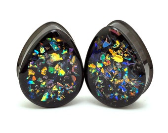 Pair of Black Steel Teardrop Plugs with Embedded Dichroic Glass (EMB-006) 00g, 1/2", 9/16", 5/8", 3/4",7/8",1",28mm,30mm,32mm,35mm,38mm,42mm