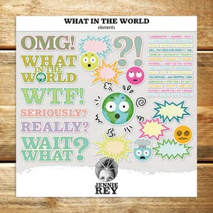 Puede incluir: Un conjunto colorido de pegatinas digitales con varias expresiones y frases, que incluyen "OMG!" "What in the world?" "WTF!" "Seriously?" "Really?" "Wait? What?" y "Flabbergasted!" Las pegatinas están diseñadas en un estilo de dibujos animados con colores brillantes y fuentes divertidas. El conjunto también incluye una imagen de dibujos animados de la Tierra con una expresión de sorpresa.