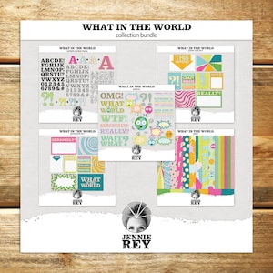 Puede incluir: Una colección de papeles y pegatinas de scrapbooking digital con un tema retro y colorido. Los papeles presentan una variedad de patrones, incluyendo rayas, lunares y remolinos. Las pegatinas presentan frases como "What in the World?" y "Seriously?" en una variedad de fuentes y colores.