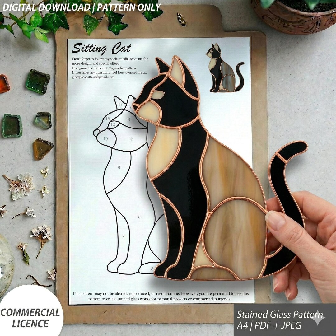 Sitting Cat Stained Glass Pattern PDF A4 Cat Suncatcher Template - Etsy