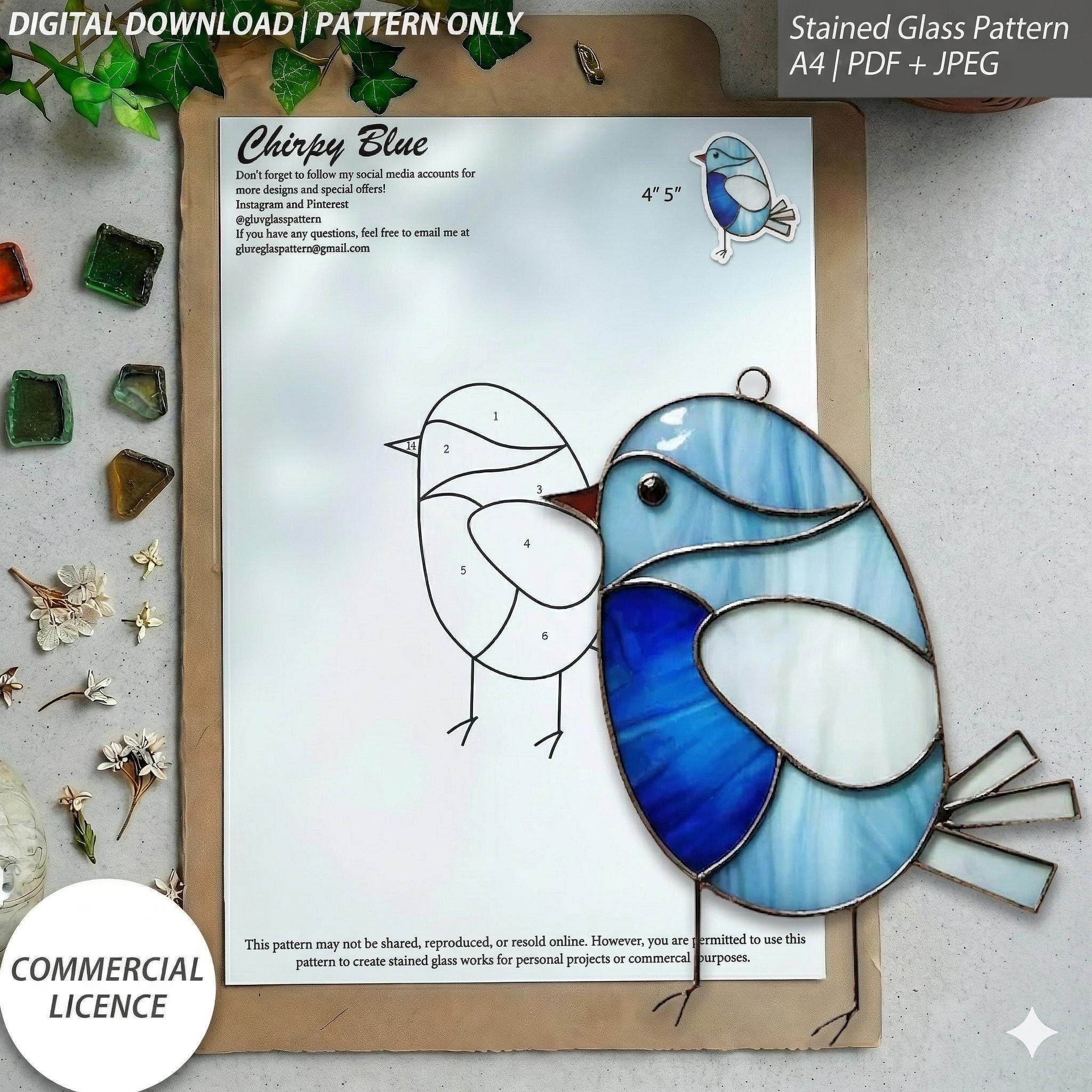 Chirpy Blue Bird Stained Glass Pattern – 4x5 Inch Design – Digital ...