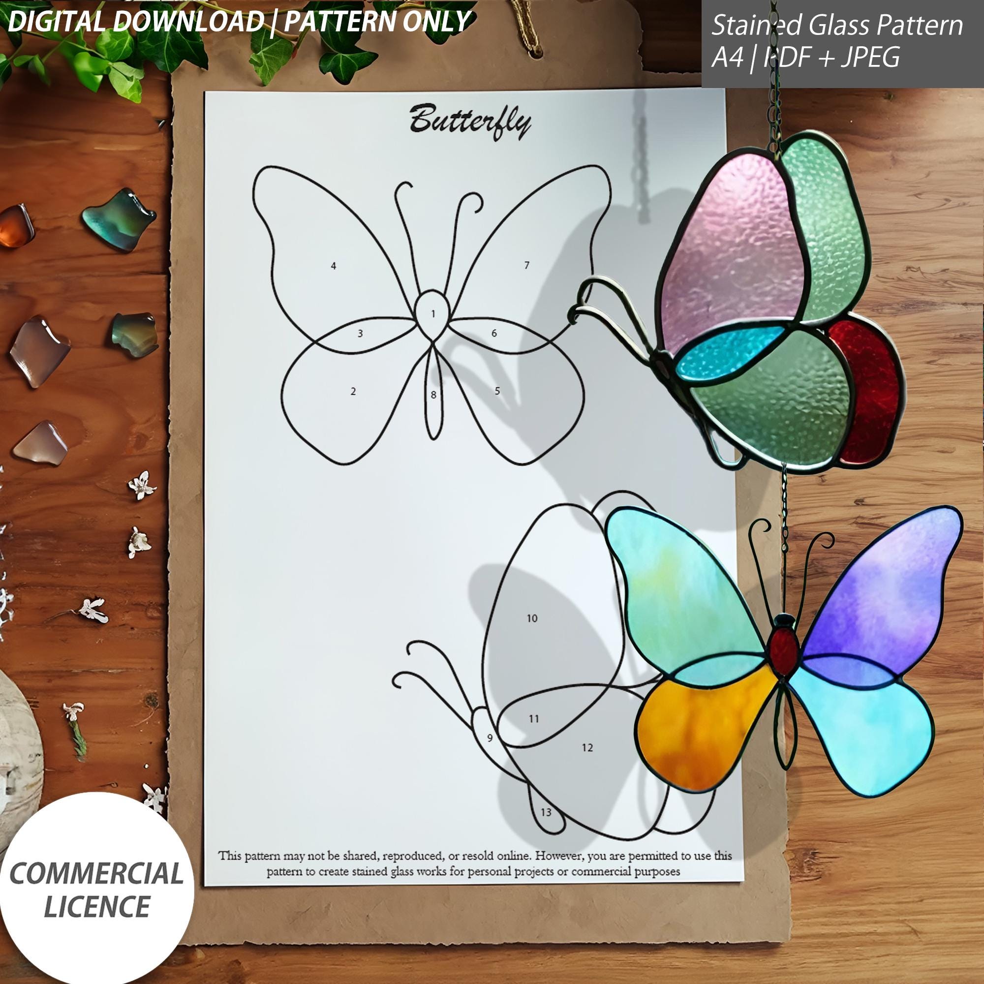 Butterfly Stained Glass Pattern Duo – 5.5x4.5 Inch & 5x5 Inch Designs ...
