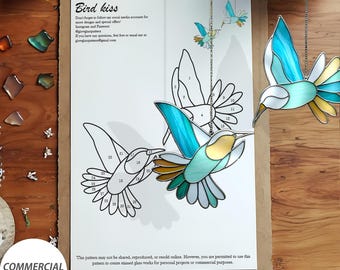 May include: A stained glass pattern for two hummingbirds, labelled "Bird Kiss". The pattern is on a white sheet of paper with a commercial licence notice. The pattern is for stained glass projects and is available as a digital download in PDF and JPEG formats.