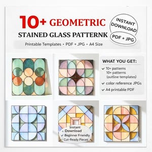 Paquete de patrones geométricos para vidrieras en formato PDF, más de 10 plantillas modernas para atrapasoles en tamaño A4.