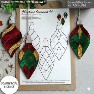 May include: A Christmas ornament pattern with three finished stained glass ornaments in red, green, and gold. The pattern includes a digital download with a commercial license. The text on the pattern reads "Christmas Ornament 17".