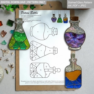 May include: A digital download stained glass pattern for potion bottles on an A4 sheet. The document includes numbered outlines for three distinct bottle shapes and displays three finished stained glass pieces in green, purple, and orange-blue.