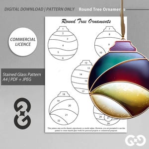 Peut inclure: Un modèle de vitrail imprimable pour une boule de Noël ronde. Le motif est numéroté de 1 à 29 et comprend une image couleur d'une boule finie avec du verre vert, bleu, rouge, jaune et blanc.