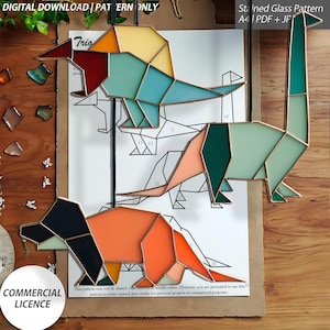 Dinosaur Stained Glass Patterns – 3 Unique Designs – Digital Download (PDF & JPG)