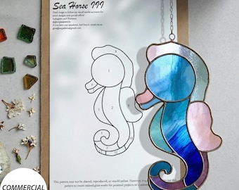 Gebrandschilderd glaspatroon zeepaardje – ontwerp 3,6 x 6,6 inch – digitale download
