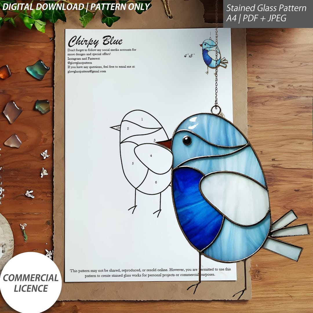 Chirpy Blue Bird Stained Glass Pattern – 4x5 Inch Design – Digital ...