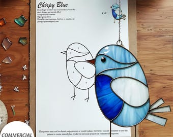 Chirpy Blue Bird Stained Glass Pattern – 4x5 Inch Design – Digital Download