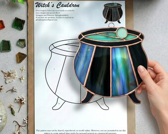 Witch Cauldron II Stained Glass Pattern PDF JPEG | Halloween Suncatcher Template | Witchy Cauldron Glass Art | Printable A4 Pattern