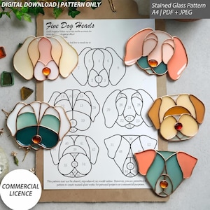 Dog Head Stained Glass Patterns 5 Unique Designs  Digital Download PDF & JPG