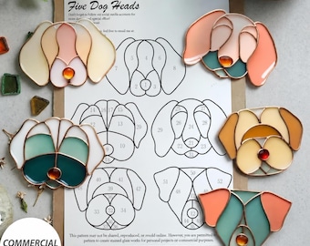Dog Head Stained Glass Patterns 5 Unique Designs  Digital Download PDF & JPG