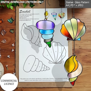 Puede incluir: Un patrón de descarga digital para conchas de vidrio de colores. El patrón incluye una concha grande con 10 secciones, una concha más pequeña con 5 secciones y una concha con 18 secciones. El patrón está etiquetado como "Seashell" e incluye el texto "¡No olvides seguir mis cuentas de redes sociales para obtener los últimos diseños y ofertas especiales!" y "Si tienes alguna pregunta, no dudes en enviarme un correo electrónico a glogopro@gmail.com".