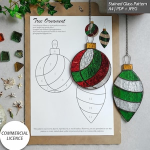 Mönster för julgransprydnad i målat glas | PDF-design för högtider | Digital nedladdning av DIY-pyssel
