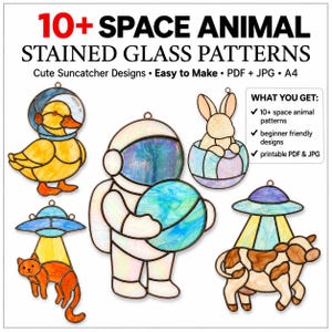 Pode incluir: Uma coleção digital de 10+ padrões de vitrais de animais espaciais com um pato de capacete, um astronauta segurando um planeta, um coelho numa taça, um gato sob um OVNI e uma vaca sob um OVNI. Inclui ficheiros PDF e JPG em formato A4.