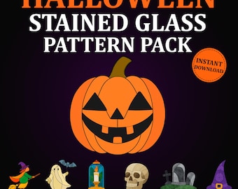 Meer dan 30 Halloween-glas-in-loodpatronen: spook, heks, pompoen (digitale bundel)