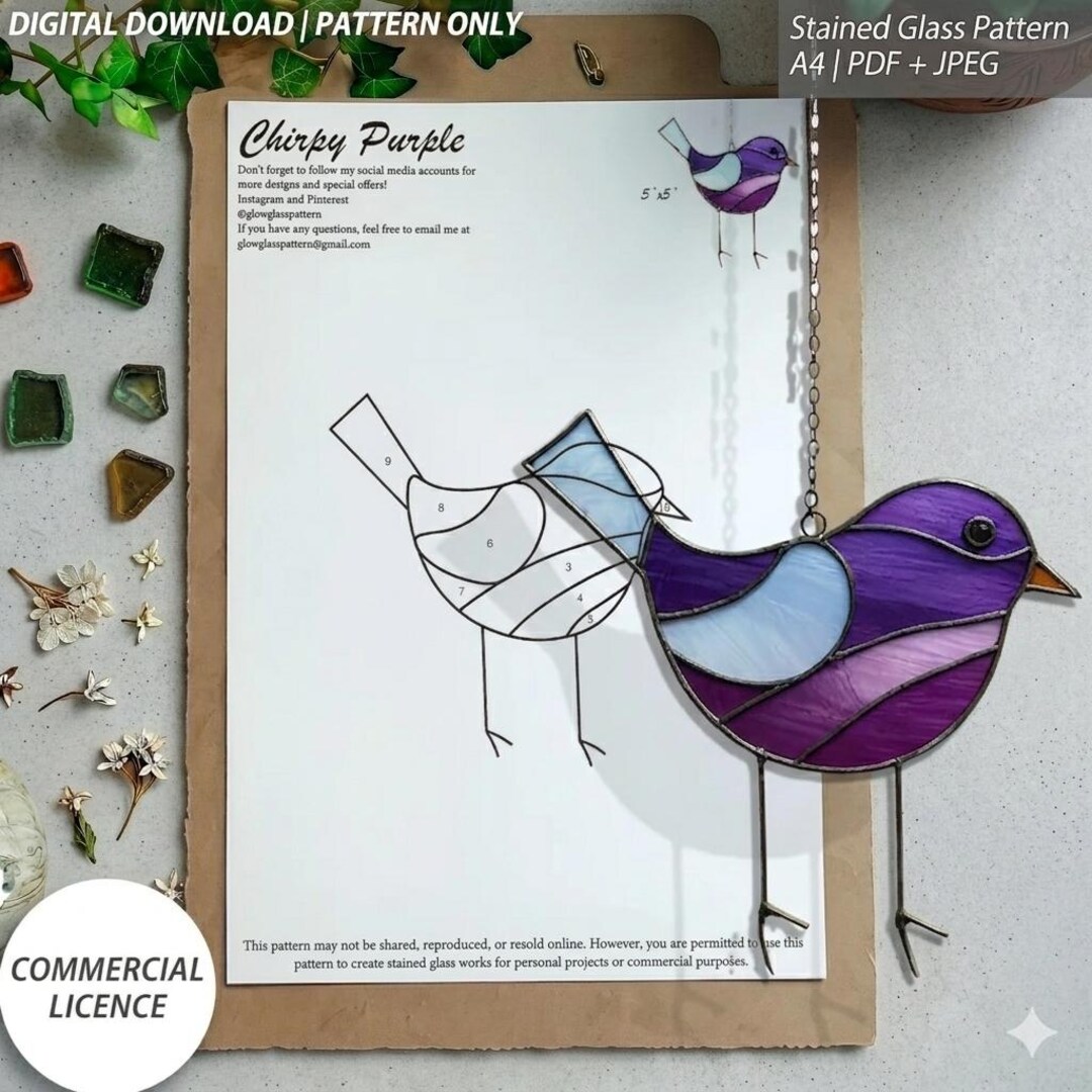 Chirpy Purple Bird Stained Glass Pattern – 5x5 Inch Design – Digital ...