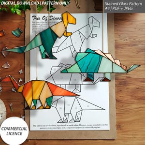 Dinosaur Stained Glass Patterns – 3 Unique Designs – Digital Download (PDF & JPG)