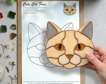 Raamdecoratie met kattengezicht, glas-in-loodpatroon (PDF, JPG), schattige kattenzonnevanger
