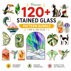Puede incluir: Una colección digital de más de 120 patrones de vidrieras con varios diseños que incluyen un tucán, gatos, un faro, una mariposa, colibríes, una polilla, una hoja y una aurora boreal, etiquetada como Premium 120+ STAINED GLASS PATTERN BUNDLE.