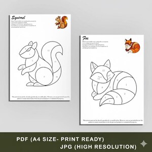 May include: Two printable PDF templates for stained glass art. One features a squirrel design, the other a fox. Each design is outlined with numbered sections for easy color application. The bottom of the image reads: PDF (A4 SIZE- PRINT READY) JPG (HIGH RESOLUTION).