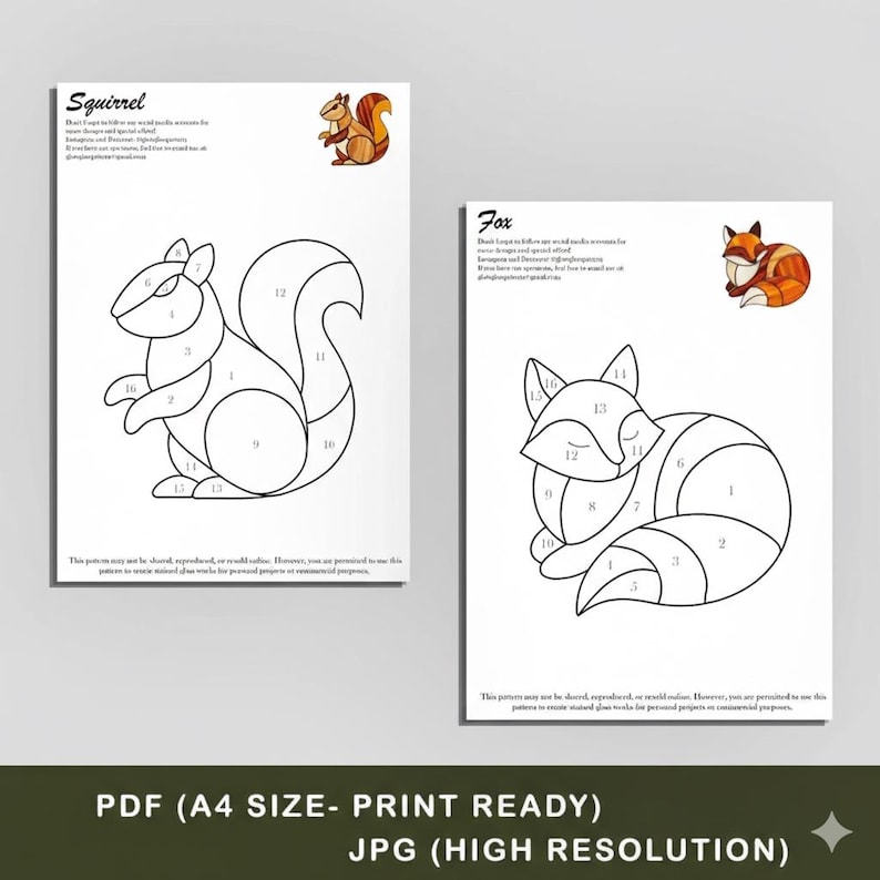 May include: Two printable PDF templates for stained glass art. One features a squirrel design, the other a fox. Each design is outlined with numbered sections for easy color application. The bottom of the image reads: PDF (A4 SIZE- PRINT READY) JPG (HIGH RESOLUTION).