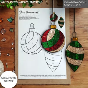 May include: A digital download pattern for stained glass tree ornaments. The image shows a pattern sheet with numbered sections, along with completed ornaments in red, green, and gold. The text reads "DIGITAL DOWNLOAD | PATTERN ONLY" and "COMMERCIAL LICENCE".