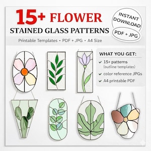 May include: A digital collection of 15+ flower stained glass patterns featuring printable templates in PDF and JPG formats. The image displays seven varied floral and botanical designs in geometric frames, including oval, rectangular, and triangular shapes.