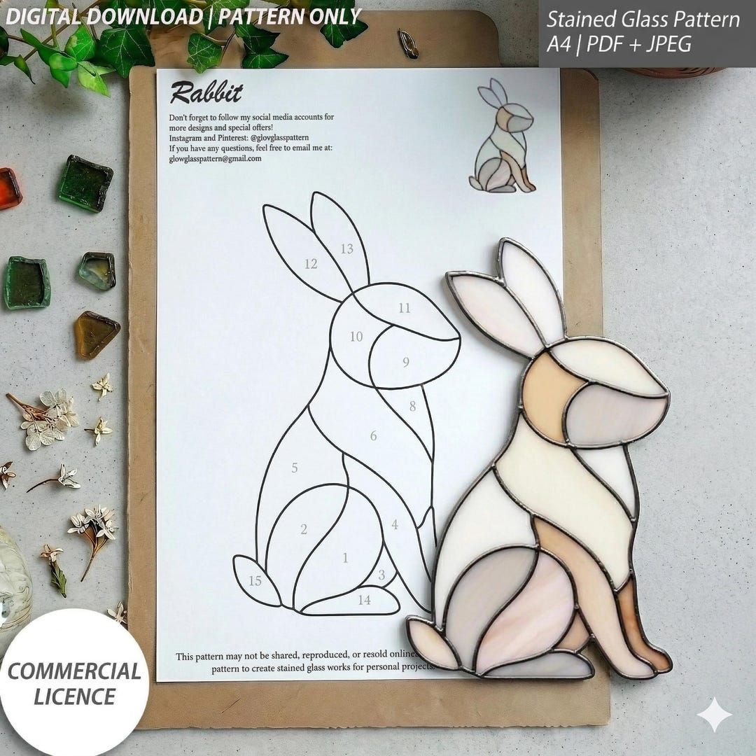 Simple Stained Glass Rabbit Rabbit Stained Glass Pattern | Woodland Animal Art (PDF & JPG, A4 Size ...